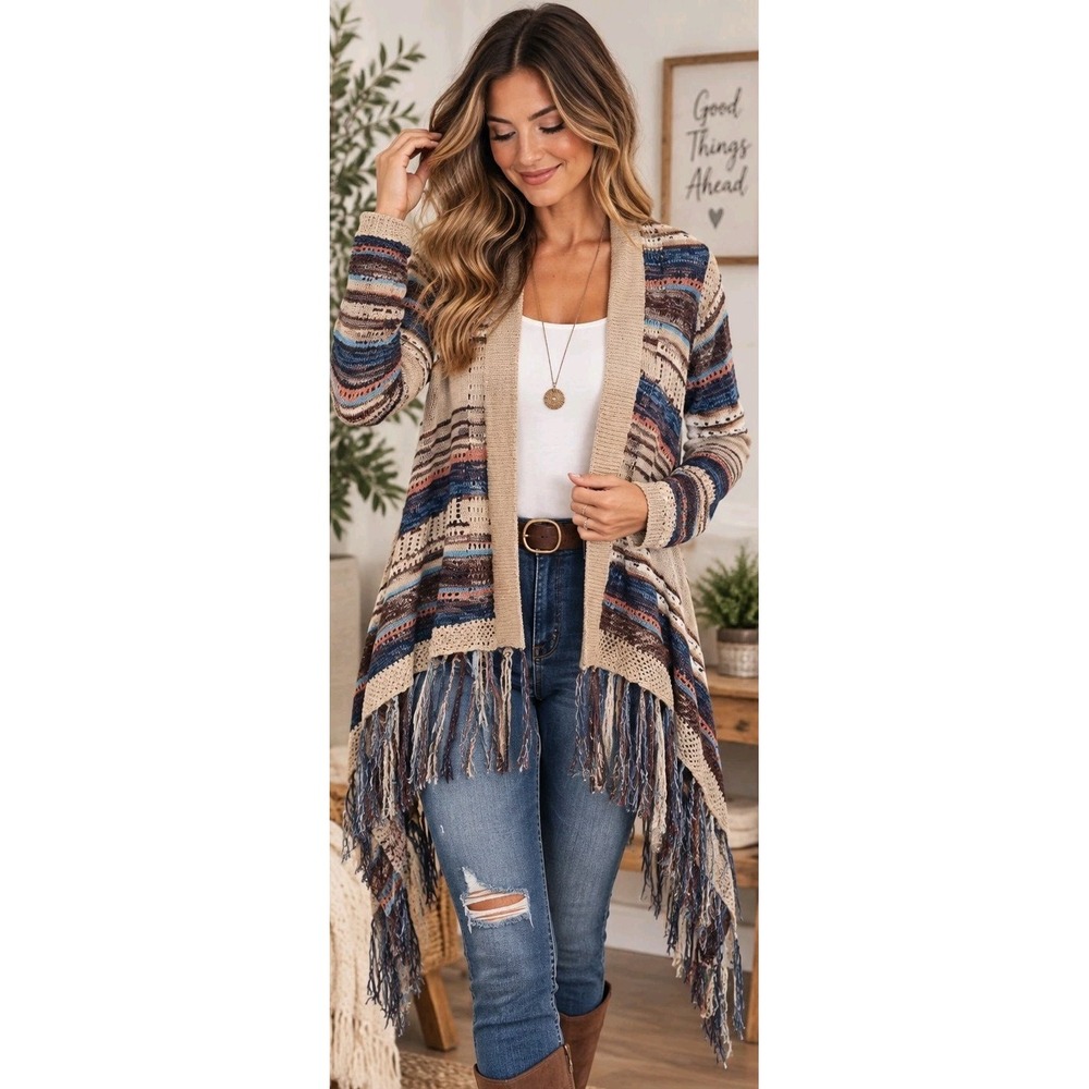 Lovemarks Women's M Boho Southwestern Cardigan Fringe Waterfall Western Sweater